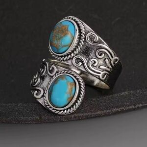 Vintage Turquoise Stone Silver Boho Style Ring